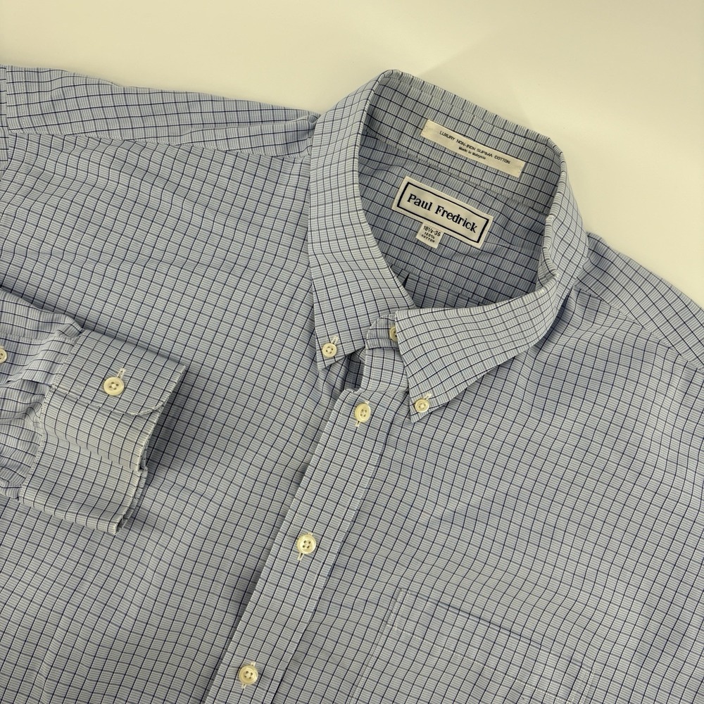 Paul Fredrick 18 1/2-35 Blue Plaid Supima Cotton Button Down Dress Non Iron
